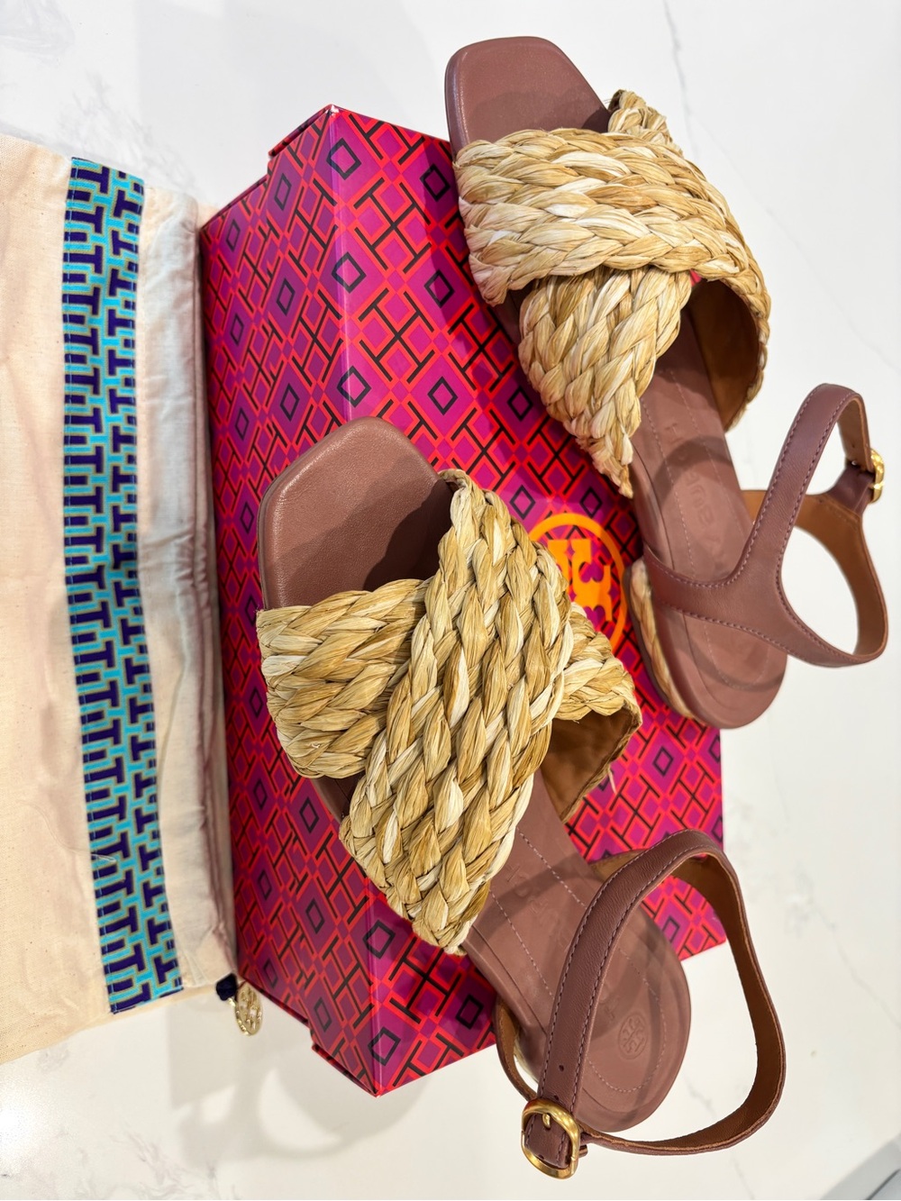 Tory Burch Kira Braided Raffia Slide Sandals with Mauve Leather Strap Size 8.5. - Picture 6 of 11